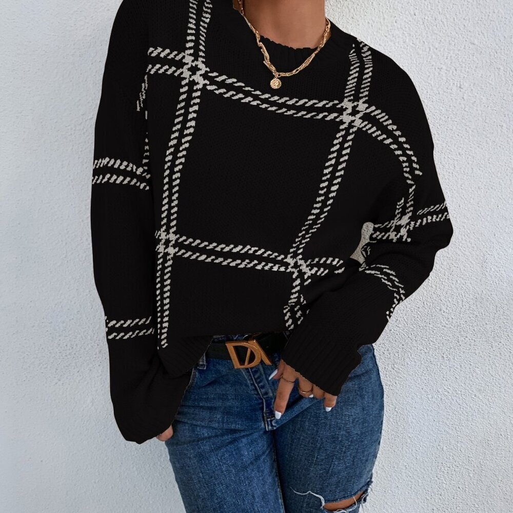 Black and White Casual Women's Plaid Drop Shoulder Long Sleeve Knit Sweater - Picture 4 of 6